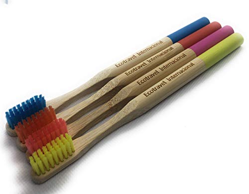 Cepillo de dientes de Bambú 100% Eco Friendly, Biodegradable, Cerdas Médium, Pack de 4 en colores variados