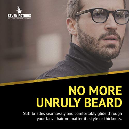 Cepillo para barba Seven Potions de cerdas de jabalí. Madera de peral y 100% cerdas de jabalí de primer corte. Cerdas firmes para dominar y suavizar el pelo facial
