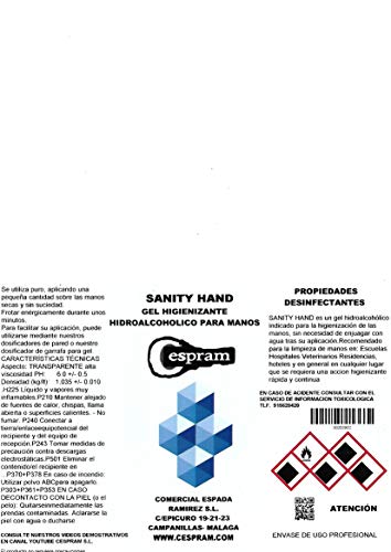 CESPRAM, Gel hidroalcoholico de manos 70% alcohol con propiedades desinfectantes,bactericidas y fungicidas.Con glicerina. Sin aclarado. Sanity Hand. Envase 5 litros.