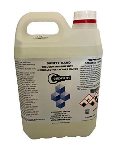 CESPRAM, Gel hidroalcoholico de manos 70% alcohol con propiedades desinfectantes,bactericidas y fungicidas.Con glicerina. Sin aclarado. Sanity Hand. Envase 5 litros.