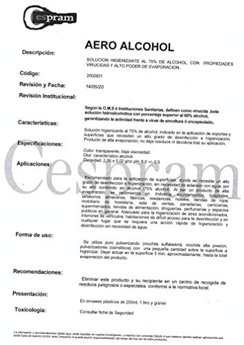 CESPRAM, Solución higienizante al 75% de alcohol,con propiedades virucidas. Aero Alcohol,Envase de 1L.