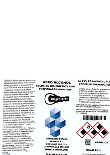 CESPRAM, Solución higienizante al 75% de alcohol,con propiedades virucidas. Aero Alcohol,Envase de 1L.