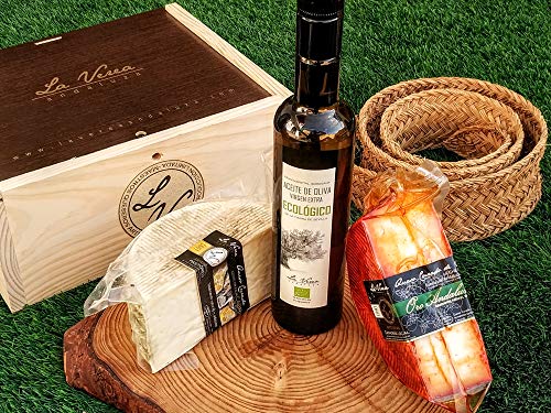 Cesta Caja Regalo GOURMET. Queso Cabra (PAYOYA) y Oro Andaluz Vaca (Montbeliarde). Quesos artesanos y Aceite de oliva ECOLÓGICO, 100% Monovarietal Arbosana. La Verea Andaluza, totalmente natural