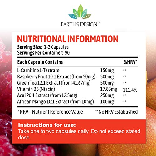 Cetonas de Frambuesa - Complejo de Máxima Concentración con Mango Africano - Con Acetil L-Carnitina, Té Verde y Baya de Acai - Suplemento Para Hombres y Mujeres - 90 Cápsulas de Earths Design