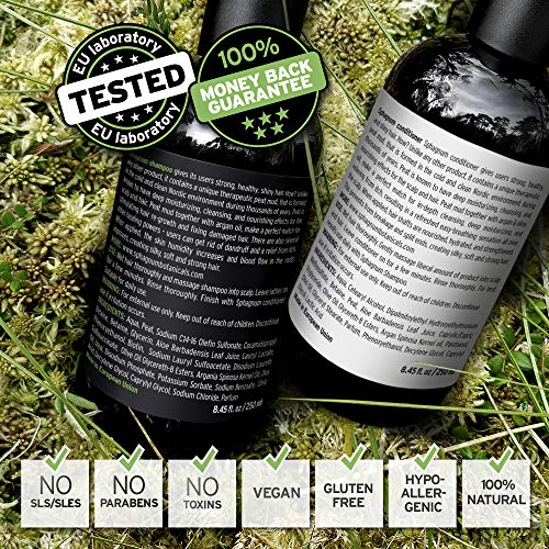 Champú y acondicionador para el crecimiento del cabello - Tratamiento natural de aceite de argán con lodo de turba efectivo para cabello fino y dañado. Sin SLS/Parabenos. Potente bloqueador