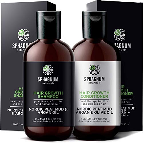 Champú y acondicionador para el crecimiento del cabello - Tratamiento natural de aceite de argán con lodo de turba efectivo para cabello fino y dañado. Sin SLS/Parabenos. Potente bloqueador