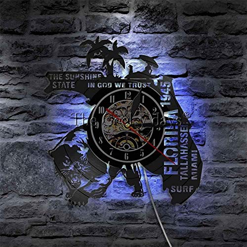 CHANGWW Horario de Verano Florida Reloj de Pared Playa Vacaciones Viajes país Ciudad Disco de Vinilo Reloj de Pared Ciudad Paisaje Reloj 12 Inch-with Led