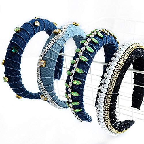 Charm4you Floral Imprimir Diadema Accesorios para,Banda de Pelo Vaquera de Lado Ancho con Esponja americana-A-07,Hairbands Nudo Cruzado Diadema