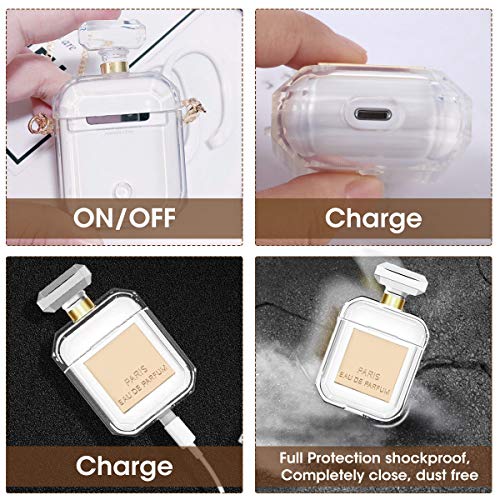 Charminer Carcasa de silicona para AirPods 1 y 2, diseño creativo de botella de perfume, funda transparente para guardar contra caídas con un llavero y par de correas antipérdidas