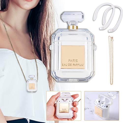 Charminer Carcasa de silicona para AirPods 1 y 2, diseño creativo de botella de perfume, funda transparente para guardar contra caídas con un llavero y par de correas antipérdidas