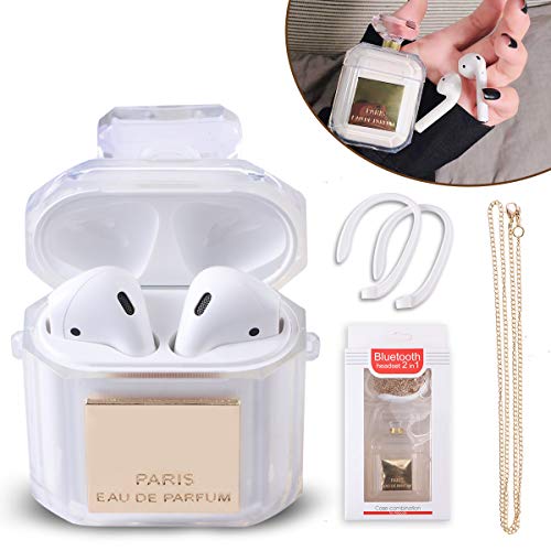 Charminer Carcasa de silicona para AirPods 1 y 2, diseño creativo de botella de perfume, funda transparente para guardar contra caídas con un llavero y par de correas antipérdidas