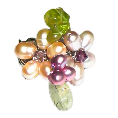 Chic-Net Anillo de la perla - Anillo de flor plateada güera tirolesa (aprox 3-5cm diámetro) de bajo consumo-lila-de colour de crema perlas y verdes piedras - hecha a mano - ajustable