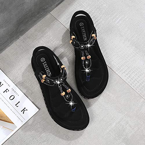 Chickwin Sandalias Mujer Verano, Bohemias Cómodos Zapatos Las Sandalias Planas Tacon Elástica Rhinestone Tobillo Correa Slingback Zapatos Playa Baño Fiesta Chanclas (EU40 =250mm/9.84?,Negro)