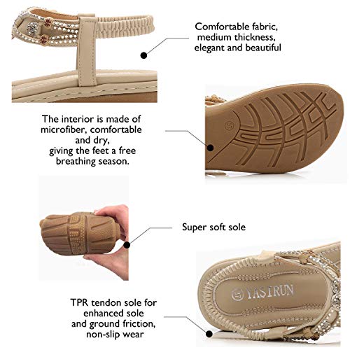 Chickwin Sandalias Mujer Verano, Bohemias Cómodos Zapatos Las Sandalias Planas Tacon Elástica Rhinestone Tobillo Correa Slingback Zapatos Playa Baño Fiesta Chanclas (EU40 =250mm/9.84?,Negro)