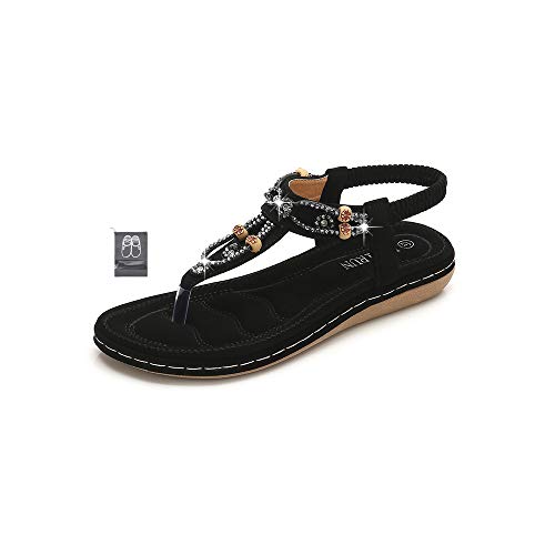 Chickwin Sandalias Mujer Verano, Bohemias Cómodos Zapatos Las Sandalias Planas Tacon Elástica Rhinestone Tobillo Correa Slingback Zapatos Playa Baño Fiesta Chanclas (EU40 =250mm/9.84?,Negro)