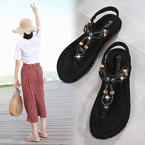 Chickwin Sandalias Mujer Verano, Bohemias Cómodos Zapatos Las Sandalias Planas Tacon Elástica Rhinestone Tobillo Correa Slingback Zapatos Playa Baño Fiesta Chanclas (EU40 =250mm/9.84?,Negro)