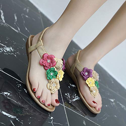 Chickwin Sandalias Mujer Verano, Cómodos Zapatos Flor Bohemias Las Sandalias Planas Tacon Elástica Tobillo Correa Zapatos de Playa Baño Fiesta Chanclas (EU35=225mm/8.86'',Albaricoque)