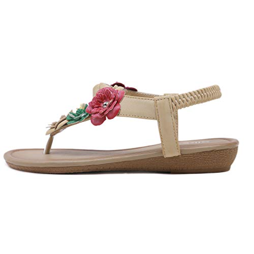 Chickwin Sandalias Mujer Verano, Cómodos Zapatos Flor Bohemias Las Sandalias Planas Tacon Elástica Tobillo Correa Zapatos de Playa Baño Fiesta Chanclas (EU35=225mm/8.86'',Albaricoque)