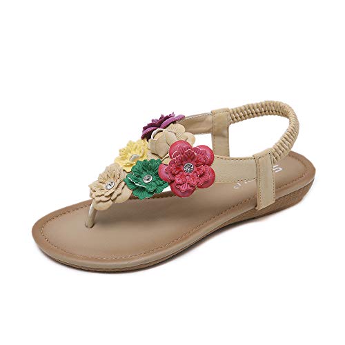 Chickwin Sandalias Mujer Verano, Cómodos Zapatos Flor Bohemias Las Sandalias Planas Tacon Elástica Tobillo Correa Zapatos de Playa Baño Fiesta Chanclas (EU35=225mm/8.86'',Albaricoque)