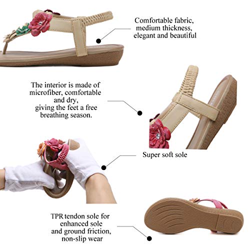 Chickwin Sandalias Mujer Verano, Cómodos Zapatos Flor Bohemias Las Sandalias Planas Tacon Elástica Tobillo Correa Zapatos de Playa Baño Fiesta Chanclas (EU35=225mm/8.86'',Albaricoque)