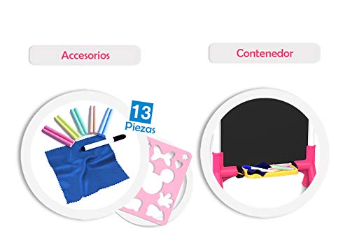 Chicos - Minnie Mouse Pizarra Junior, Reversible 2 En 1 para Rotuladores y Tizas, Incluye Rotulador, Tizas. Un Borrador y Una Plantilla de Mickey, a partir de 3 años, Rosa, 37 X 32.5 X 98 cm