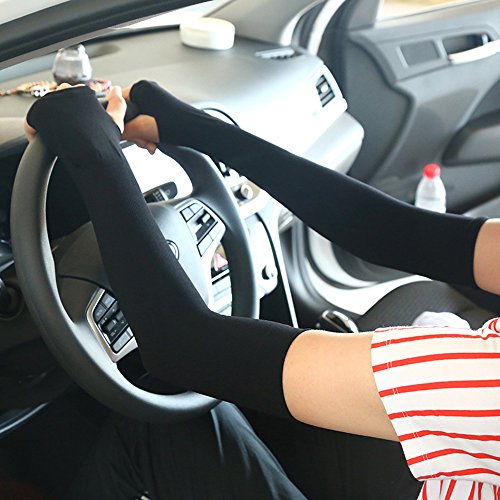 CHRISLZ Long Arms Sleeves Guantes UV Protección solar Fundas para la mano Fingerless Elastic Stretch Brazo Guantes para actividades al aire libre Enfriamiento Covers (BLACK-1)