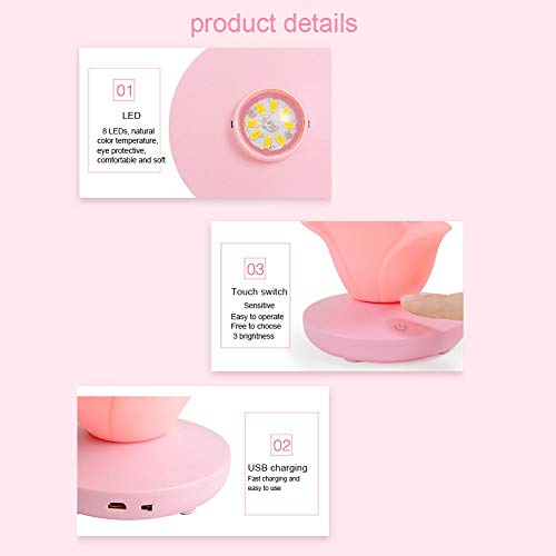 cineman Rose Night Light, USB Recargable 3 Configuraciones De Brillo, Toque para Ajustar La Lámpara De Mesa LED, Regalo De San Valentín