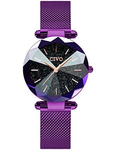 CIVO Relojes para Mujer Reloj Damas de Malla Impermeable Minimalista Oro Rosa Elegante Banda de Acero Inoxidable Relojes de Pulsera Moda Vestir Negocio Casual Reloj de Cuarzo (Violeta)