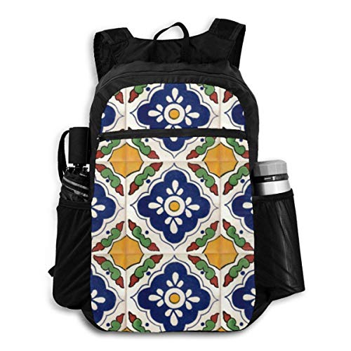 Cocoal-ltd mexicano Talavera Tile Mochila de doble cara para senderismo, plegable, resistente al agua, portátil, ligera, plegable, para viajes, camping, deportes al aire libre, bolsa de almacenamiento