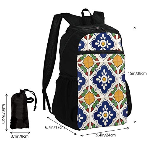 Cocoal-ltd mexicano Talavera Tile Mochila de doble cara para senderismo, plegable, resistente al agua, portátil, ligera, plegable, para viajes, camping, deportes al aire libre, bolsa de almacenamiento