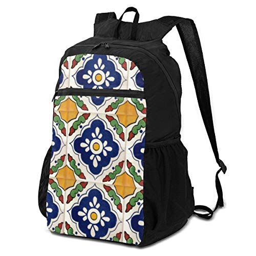 Cocoal-ltd mexicano Talavera Tile Mochila de doble cara para senderismo, plegable, resistente al agua, portátil, ligera, plegable, para viajes, camping, deportes al aire libre, bolsa de almacenamiento