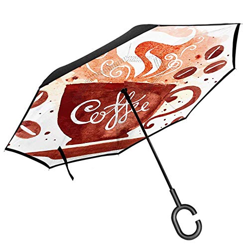 Coffee UmbrellWatercolor Coffee Cup with Smoke Doodle Caffeine Beans Coco Reverse Inverted Protección UV a Prueba de Viento UmbrellBrown -K381