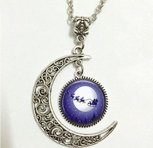 Colgante de Navidad,Santa Claus Santa's Sleigh renos collar de arte,Santa Claus Santa's Sleigh renos arte luna joyería,Collar de luna imagen de arte de cristal