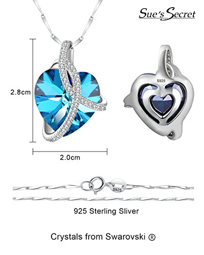 Collar Mujer Plata 925 "Amor para Siempre" Collares Pavé con Corazon Swarovski Cristal Colgante, Morado o Azul Océano, 46CM