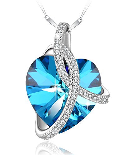 Collar Mujer Plata 925 "Amor para Siempre" Collares Pavé con Corazon Swarovski Cristal Colgante, Morado o Azul Océano, 46CM