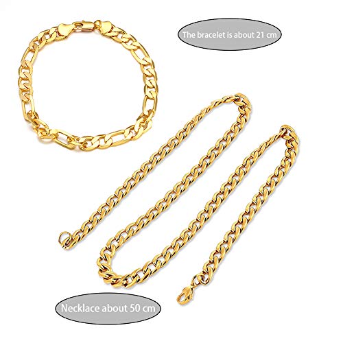 Collar Pulsera de Hombre de Cadena Cubana de Acero Inoxidable 21cm 51cm de Longitud Dorado, Cadena Collar Oro 24K 18K para Hombre