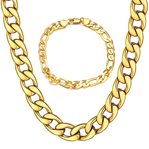 Collar Pulsera de Hombre de Cadena Cubana de Acero Inoxidable 21cm 51cm de Longitud Dorado, Cadena Collar Oro 24K 18K para Hombre