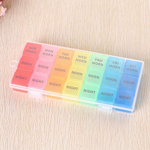 Colorido Inglés 21 Cuadrículas Pastillero Portátil Organizador mensual de píldoras Contenedor Caja de Almacenamiento Caja de Medicina(Color:01)