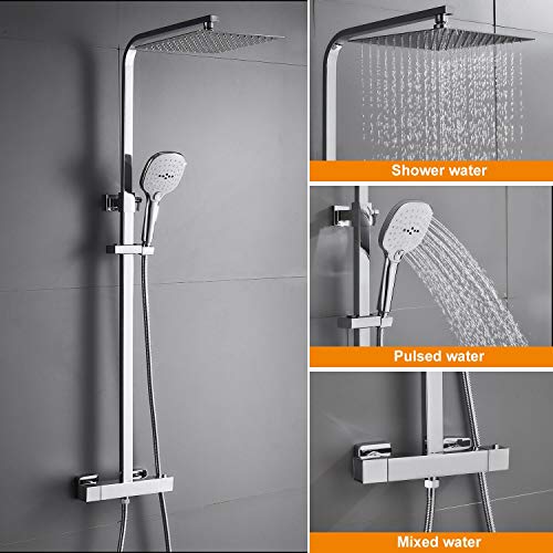 Columna de Ducha Termostatica WOOHSE Conjunto de Ducha con Termostato Sistema de Ducha con Ducha de Lluvia Cuadrada y 3 Tipos Ducha de Mano Set de Ducha Barra Ajustable 82,3 - 122,5 cm para Baño