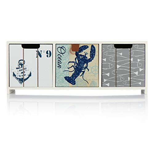 com-four® Mini cajonera con 3 cajones - gabinete de Madera con diseño marítimo - Mini gabinete para Guardar Joyas, cosméticos y artículos pequeños (1 Pieza - 33x10x12-3 cajones)