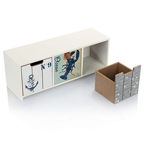 com-four® Mini cajonera con 3 cajones - gabinete de Madera con diseño marítimo - Mini gabinete para Guardar Joyas, cosméticos y artículos pequeños (1 Pieza - 33x10x12-3 cajones)