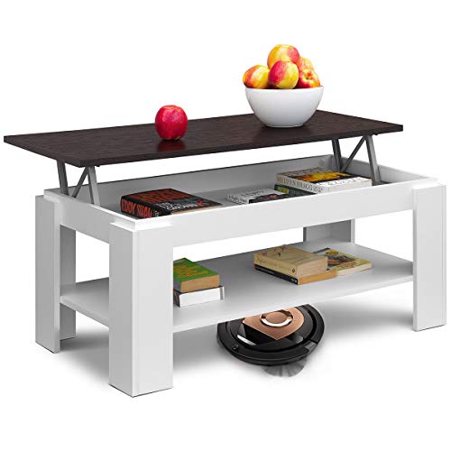 COMIFORT - Mesa de Centro Elevable con Revistero Incorporado, 100x50x43/55 cm, Nuevo Modelo (Blanco/WENGUE)