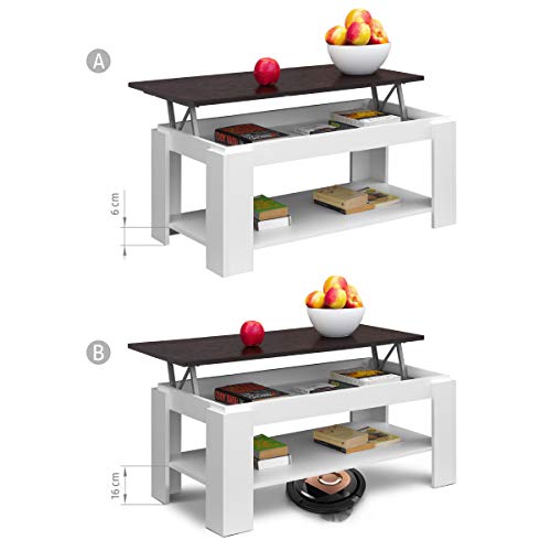 COMIFORT - Mesa de Centro Elevable con Revistero Incorporado, 100x50x43/55 cm, Nuevo Modelo (Blanco/WENGUE)