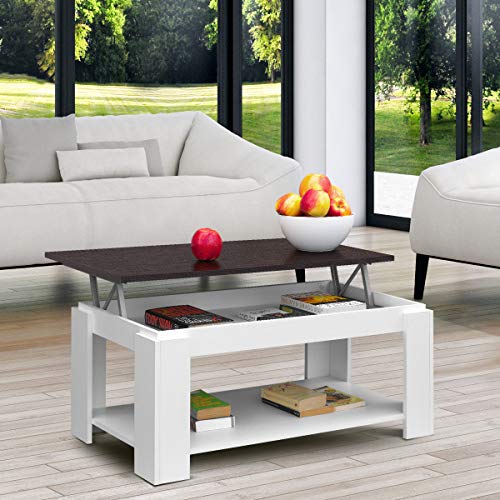 COMIFORT - Mesa de Centro Elevable con Revistero Incorporado, 100x50x43/55 cm, Nuevo Modelo (Blanco/WENGUE)