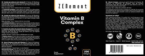 Complejo de Vitaminas B, 200 Perlas | Contiene las ocho Vitaminas B (B1, B2, B3, B5, B6, B12, Biotina y Ácido Fólico) + Vit. C y E | Para mejorar la energía, el estado de ánimo y la salud general