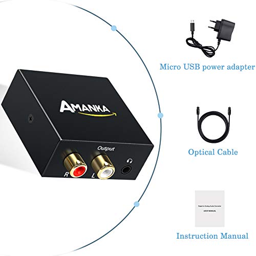 Convertidor Digital a Analógico, AMANKA DAC Audio Óptico Coaxial(RCA) Toslink SPDIF a Audio Estéreo R/L + Jack 3.5mm con Cable Óptico