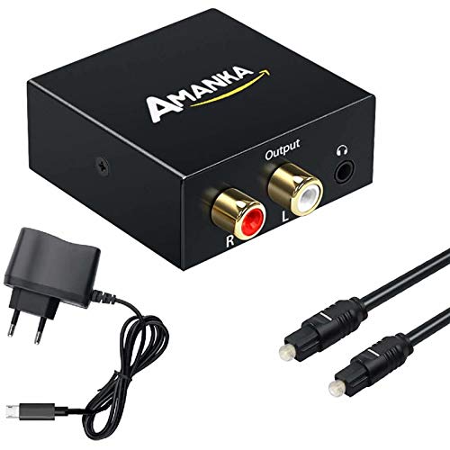 Convertidor Digital a Analógico, AMANKA DAC Audio Óptico Coaxial(RCA) Toslink SPDIF a Audio Estéreo R/L + Jack 3.5mm con Cable Óptico