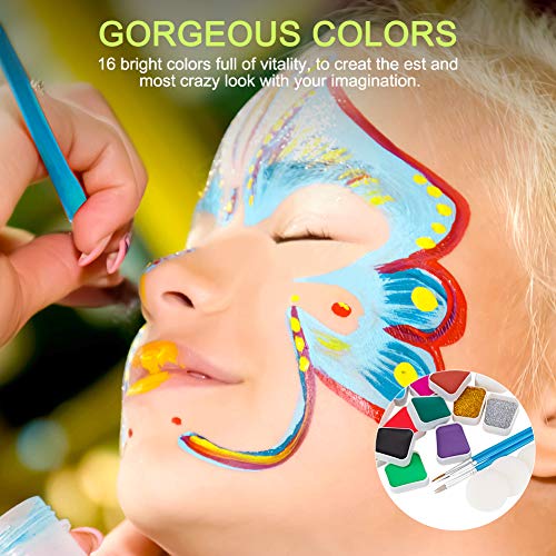 Coquimbo Maquillaje Niñas, Kit de Pintura Facial, Face Body Painting, pinturas cara para niños, Maquillaje de Fiesta, Cumpleaños, Halloween, Navidad,2 Polvo Brillo 16 Colores Lavables 4 Pinceles