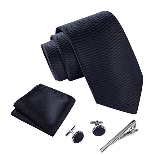 ® Corbata de diseño para hombre - Estuche con pañuelo, gemelos y clip de corbata, fabricación a mano con seda sintética de microfibra en varios colores con caja de regalo incluida (Negro)