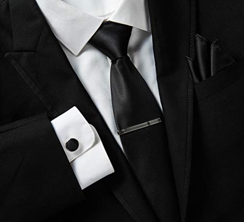 ® Corbata de diseño para hombre - Estuche con pañuelo, gemelos y clip de corbata, fabricación a mano con seda sintética de microfibra en varios colores con caja de regalo incluida (Negro)